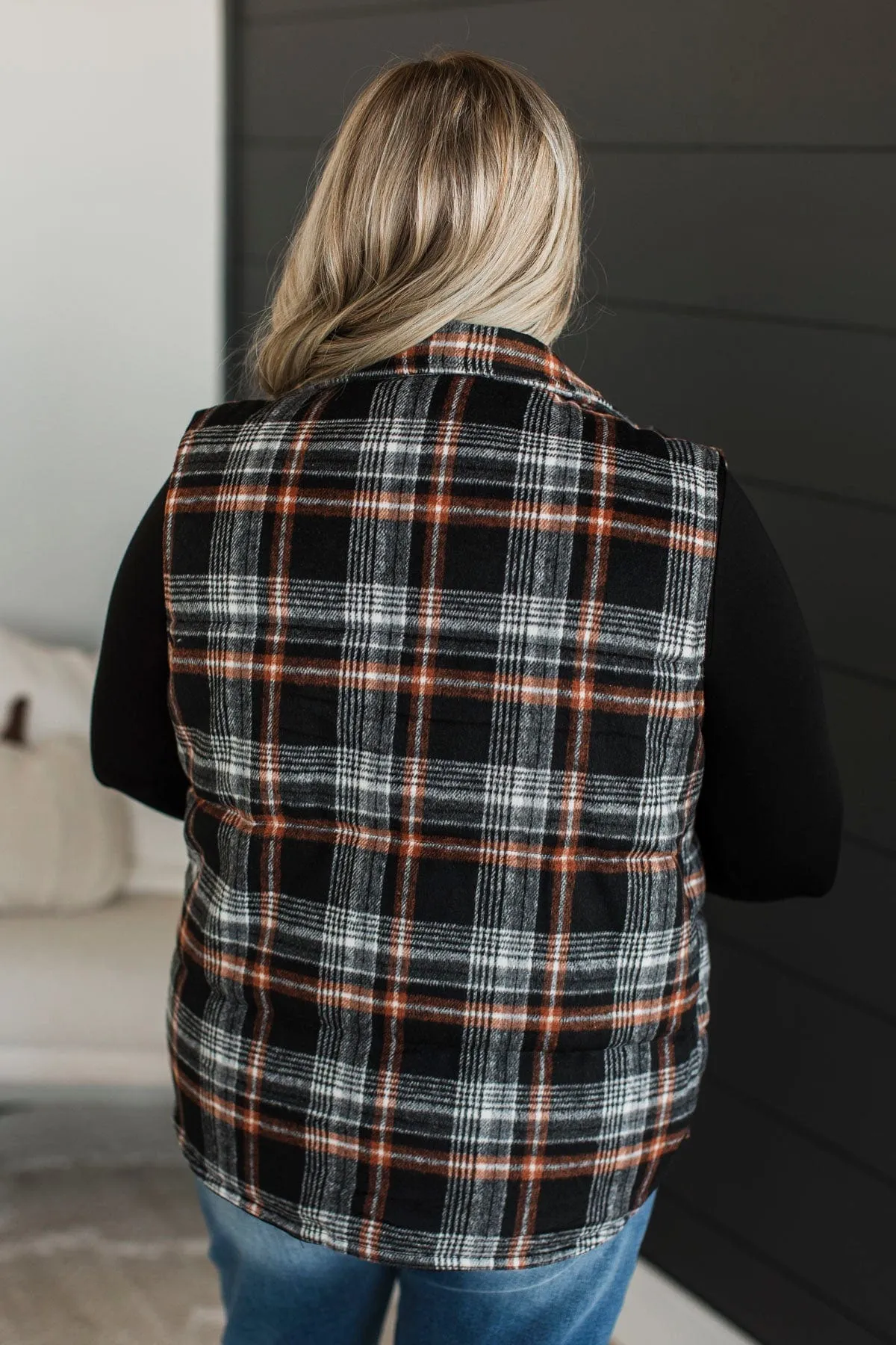 For You Always Plaid Puffer Vest- Black & Orange