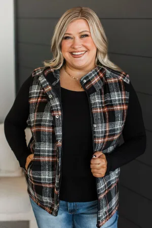 For You Always Plaid Puffer Vest- Black & Orange