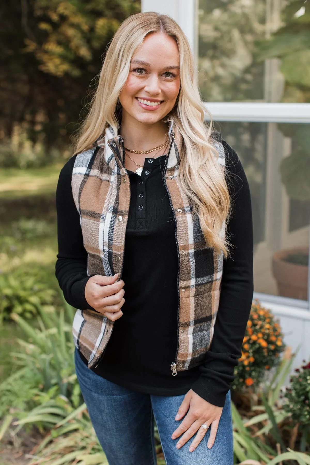 For You Always Plaid Puffer Vest- Black & Tan