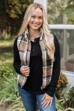 For You Always Plaid Puffer Vest- Black & Tan