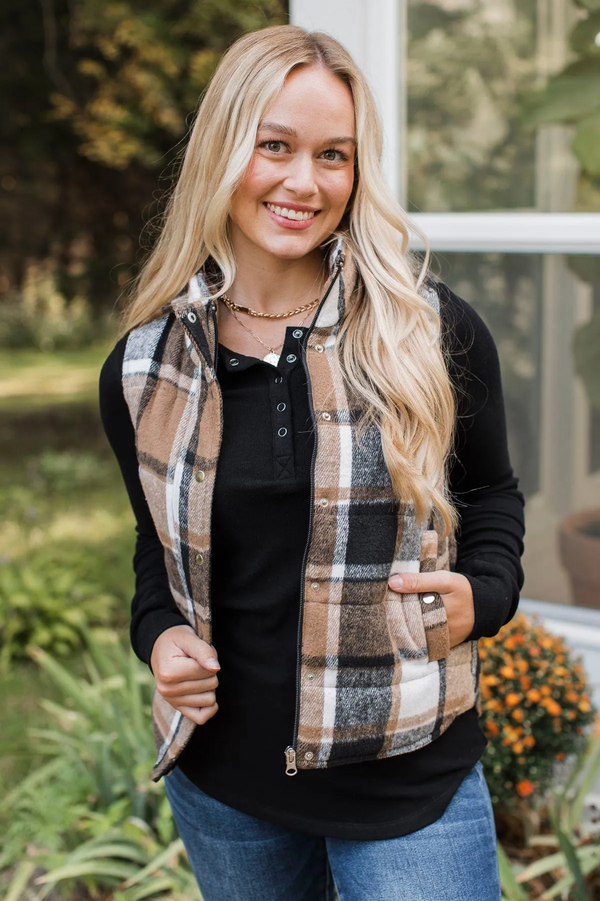 For You Always Plaid Puffer Vest- Black & Tan