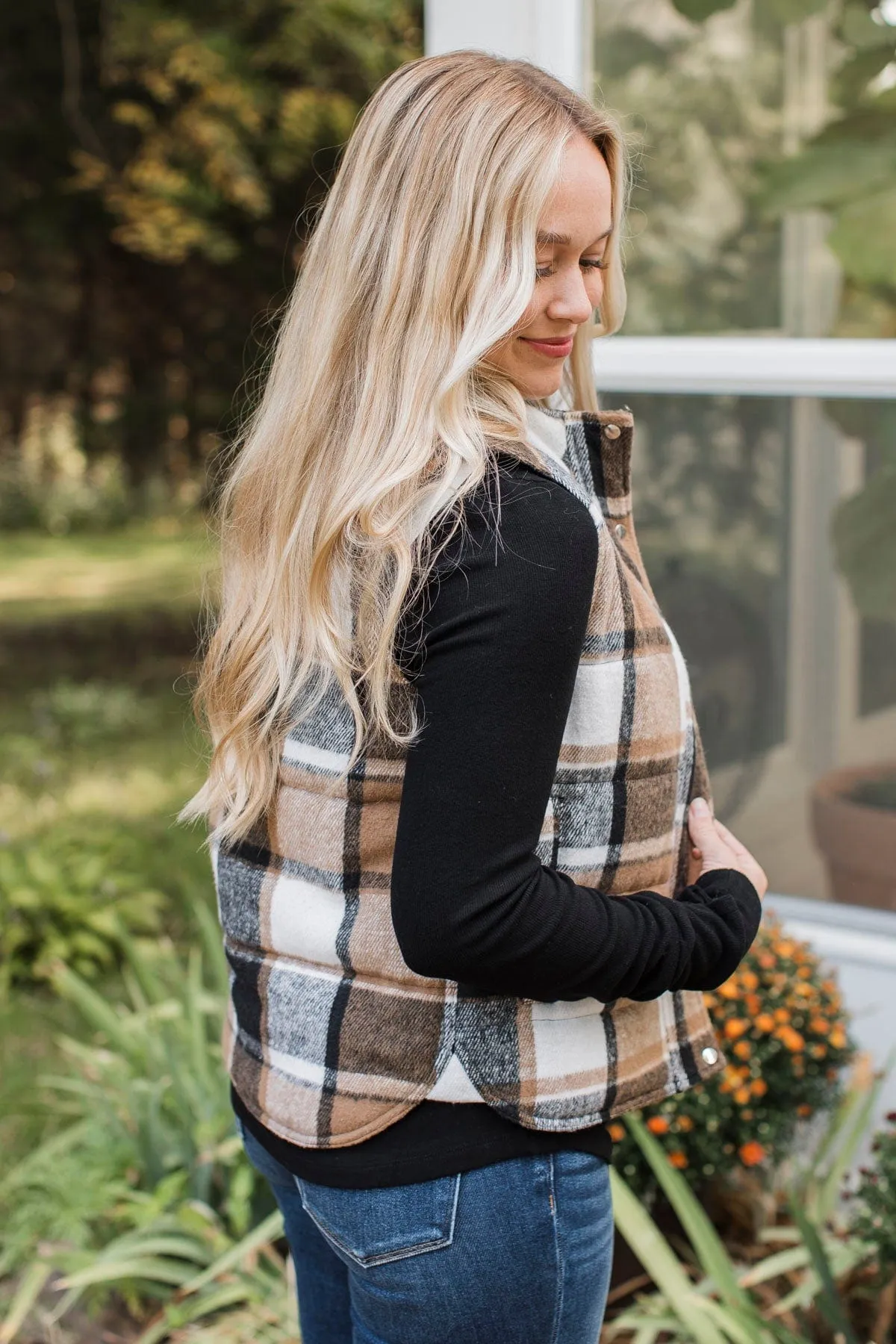 For You Always Plaid Puffer Vest- Black & Tan