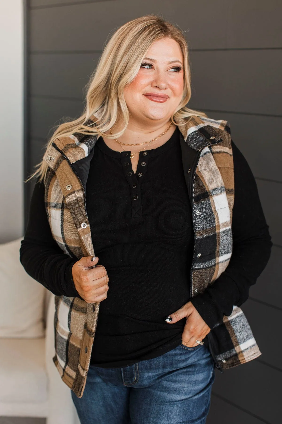 For You Always Plaid Puffer Vest- Black & Tan