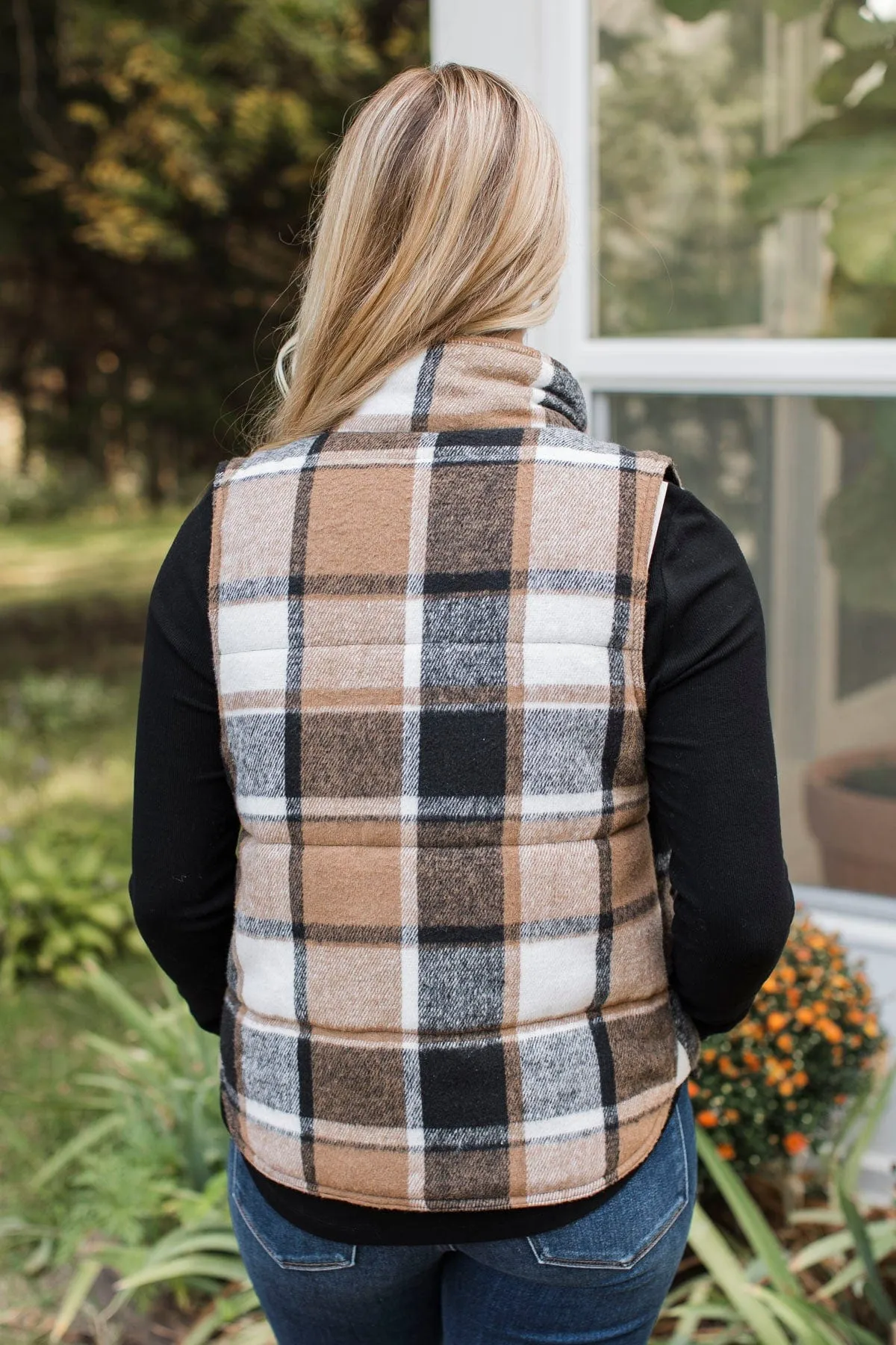For You Always Plaid Puffer Vest- Black & Tan