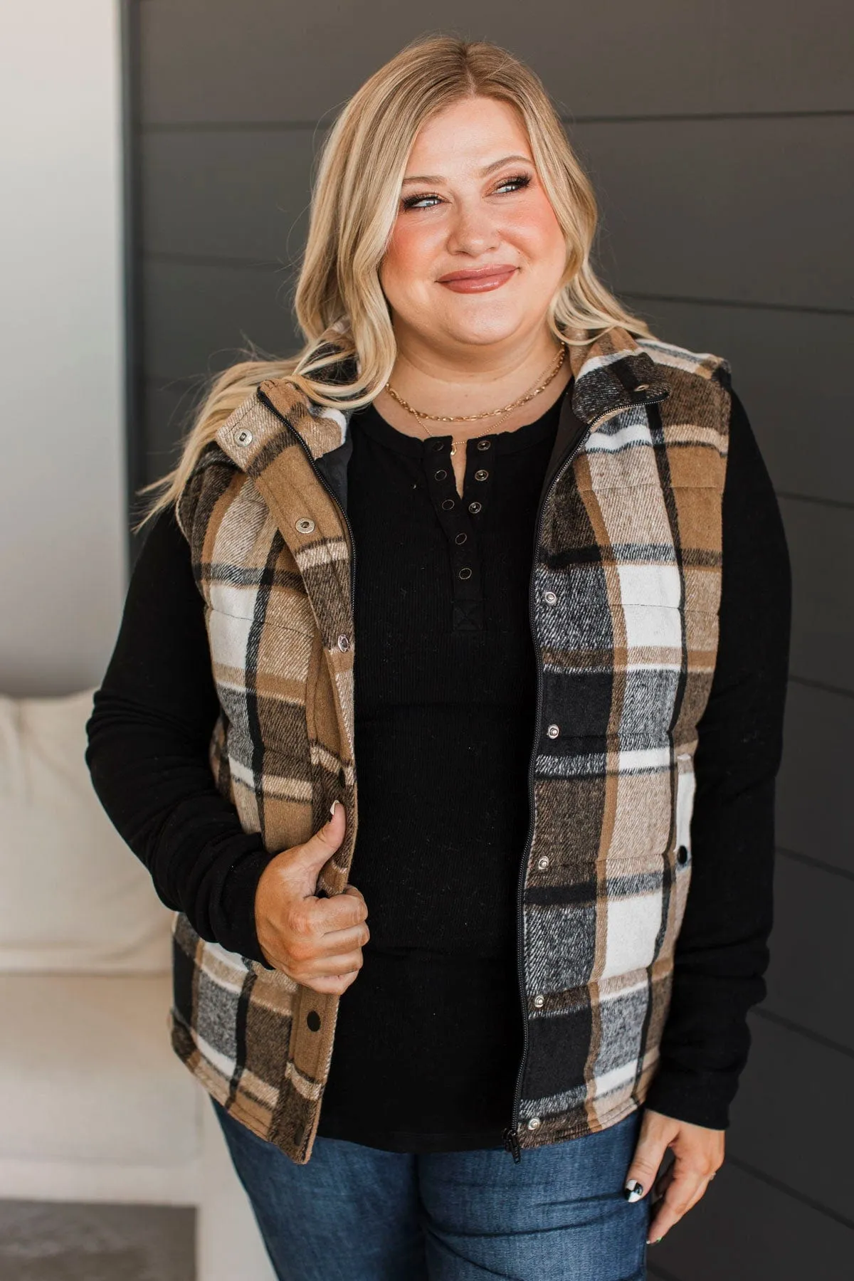 For You Always Plaid Puffer Vest- Black & Tan