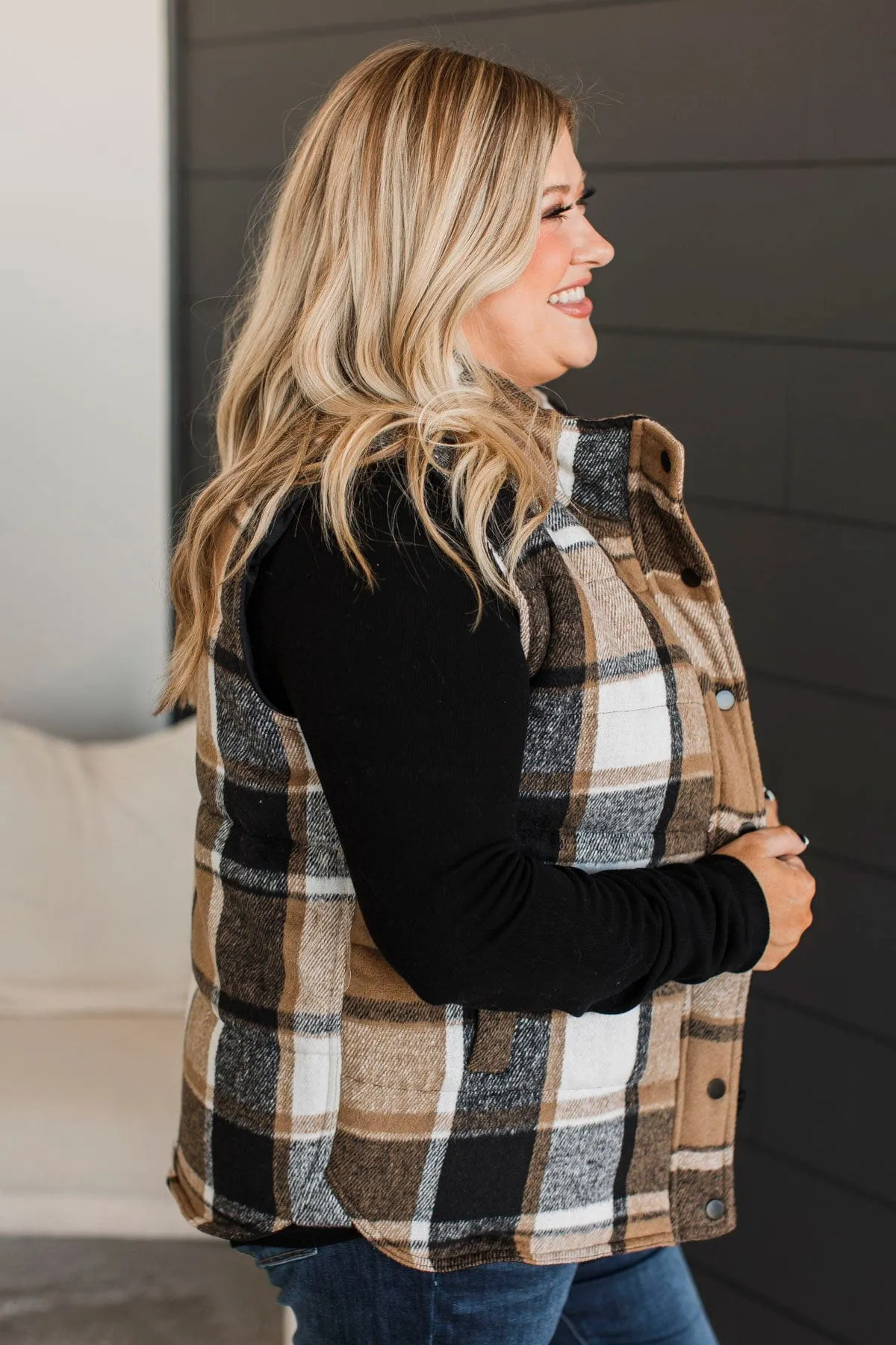 For You Always Plaid Puffer Vest- Black & Tan
