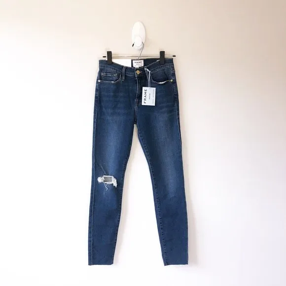 FRAME Jeans Le Skinny De Jeanne Distressed Jeans In Jolie Raw Hem Size 28 NWT’s