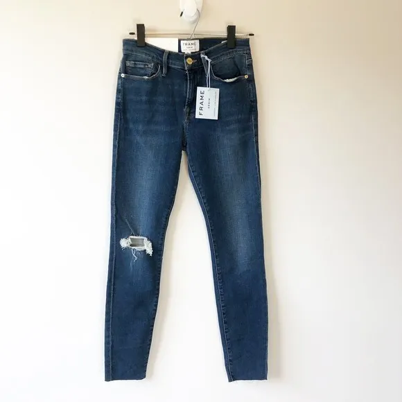 FRAME Jeans Le Skinny De Jeanne Distressed Jeans In Jolie Raw Hem Size 28 NWT’s