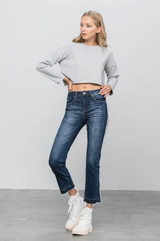 Frayed Hem Dark Wash Cropped Straight Jeans