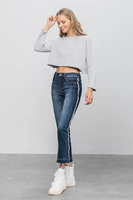 Frayed Hem Dark Wash Cropped Straight Jeans