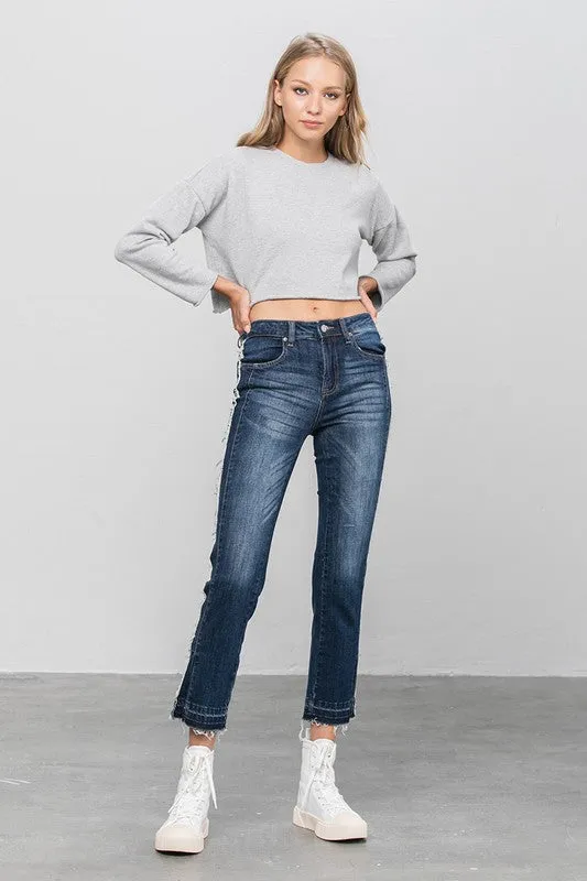 Frayed Hem Dark Wash Cropped Straight Jeans