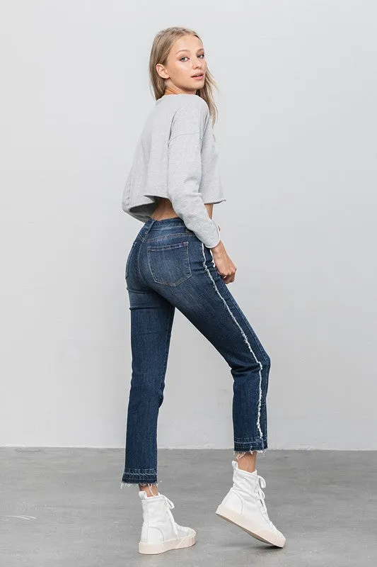 Frayed Hem Dark Wash Cropped Straight Jeans
