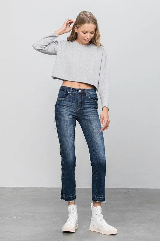 Frayed Hem Dark Wash Cropped Straight Jeans