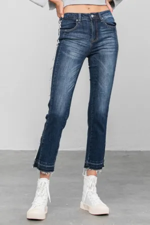Frayed Hem Dark Wash Cropped Straight Jeans