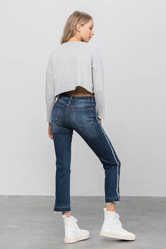 Frayed Hem Dark Wash Cropped Straight Jeans
