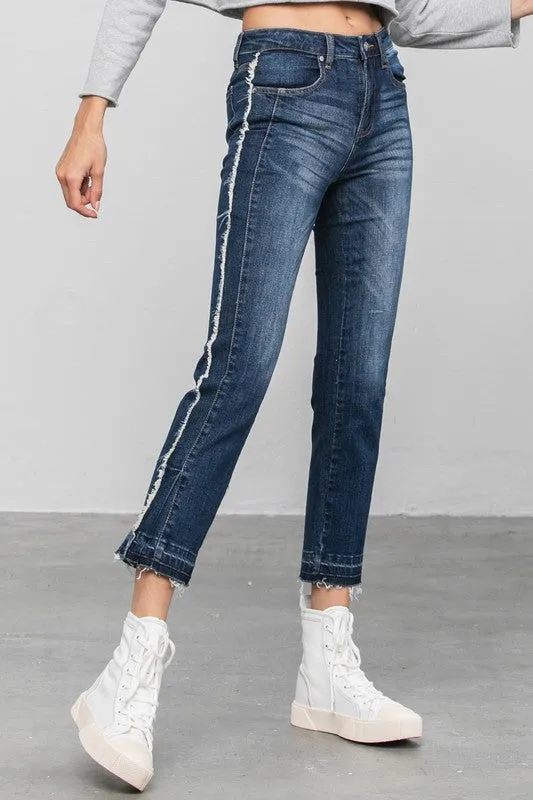 Frayed Hem Dark Wash Cropped Straight Jeans