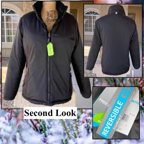 Free Country Reversible Quilted Buter Pile Smooth Puffer Jacket Black Sz L BNWT