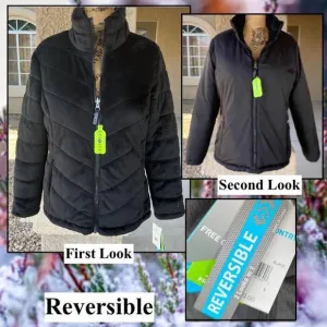 Free Country Reversible Quilted Buter Pile Smooth Puffer Jacket Black Sz L BNWT