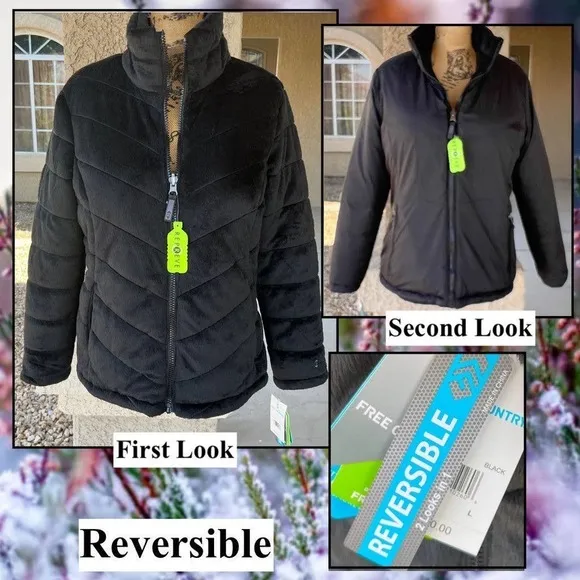 Free Country Reversible Quilted Buter Pile Smooth Puffer Jacket Black Sz L BNWT