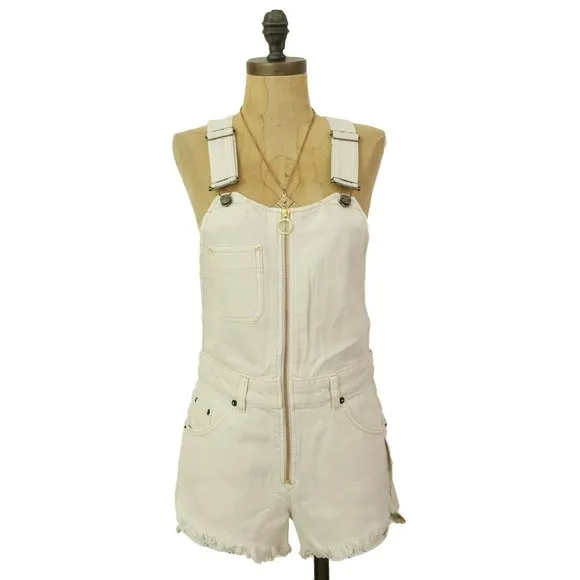 Free People Sunkissed Bib Shortalls Short Overalls Size 0 Off White NWT $108 B52