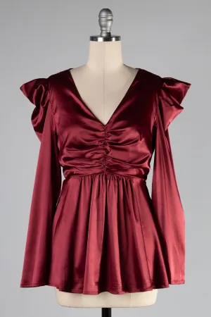 FST2412-STK Long Sleeve Silky Satin Ruched Peplum Top 6PK