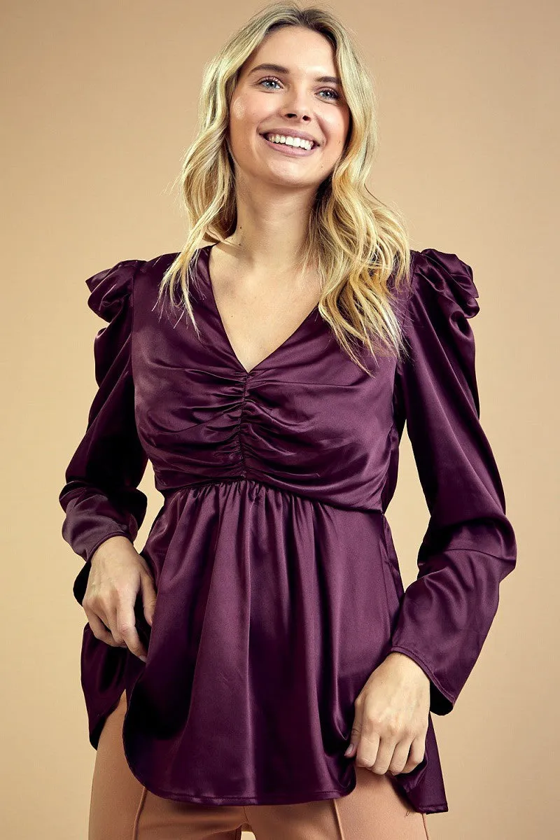 FST2412-STK Long Sleeve Silky Satin Ruched Peplum Top 6PK