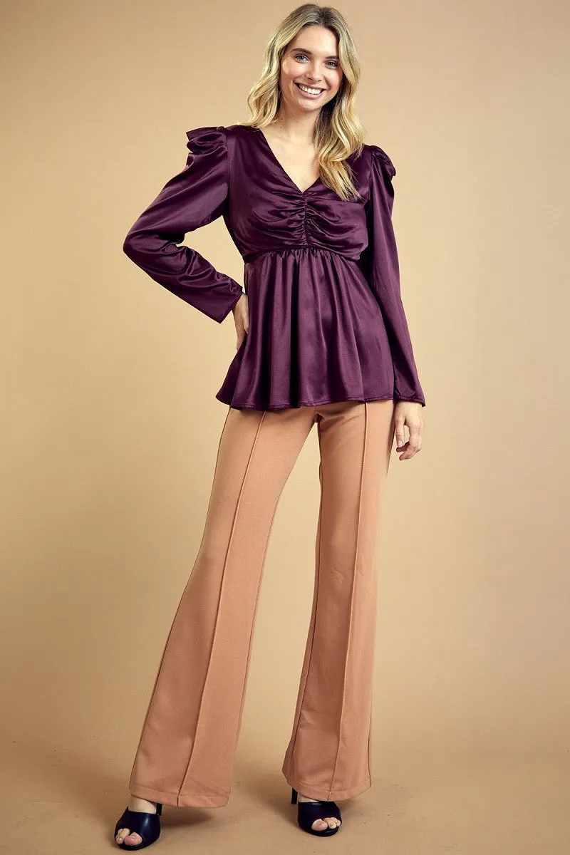 FST2412-STK RUCHED SILKY SATIN EMPIRE PEPLUM BLOUSE 6PK UNIT PRICE: $12.50
