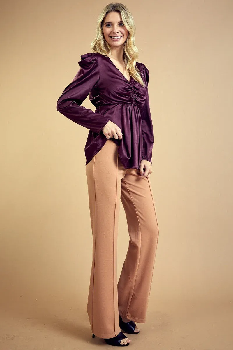 FST2412-STK RUCHED SILKY SATIN EMPIRE PEPLUM BLOUSE 6PK UNIT PRICE: $12.50