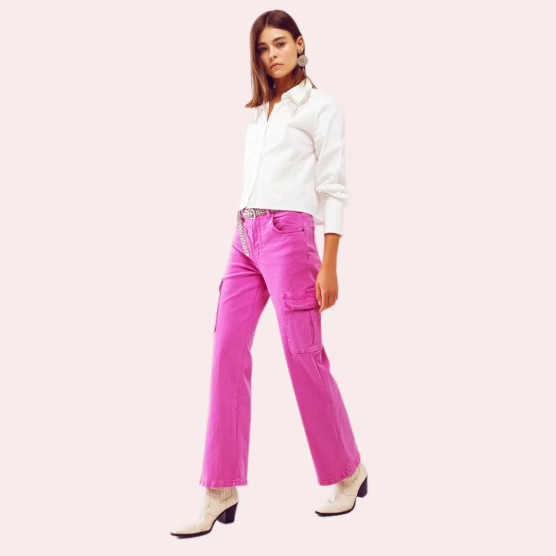 Fuchsia straight leg cargo jeans