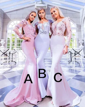 Full Sleeve Lace Mermaid Bridesmaid Dresses Appliques 3D Flowers Sexy Long Party Gown