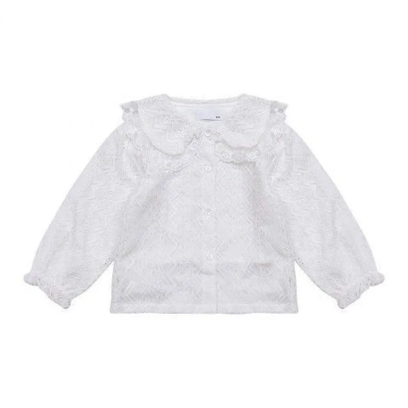 Girls Denim Overalls And Lace Shirt Two-piece Suit