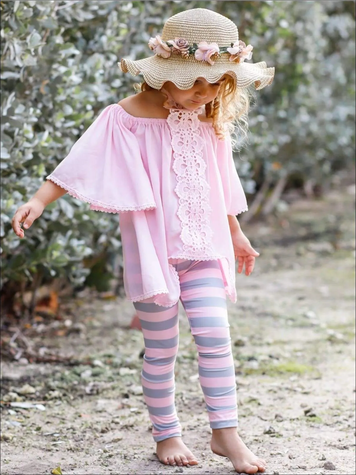 Girls Lace Trim Halter Neck Tie Top & Printed Leggings Set