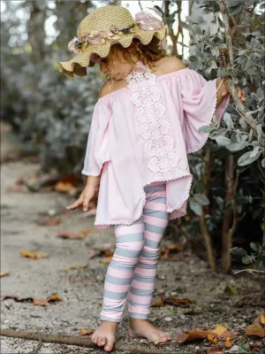 Girls Lace Trim Halter Neck Tie Top & Printed Leggings Set