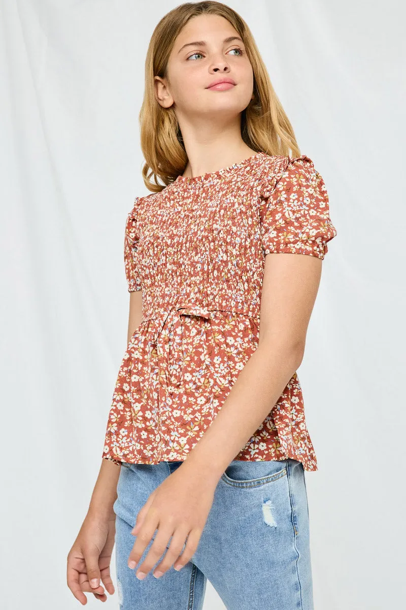 Girls Smocked Ruffled Short Sleeve Top