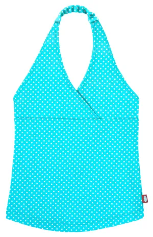 Girls UPF 50  Printed Swim Halter Top | Turquoise w/ White Polkadots