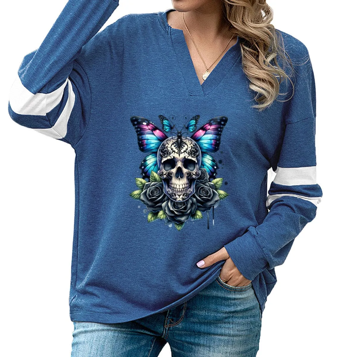 Gothic Butterfly Skulls Long Sleeve Top For Women