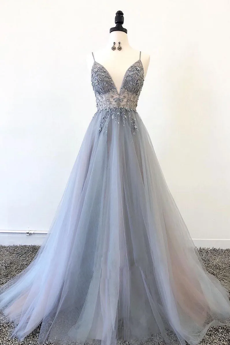 Gray v neck tulle beads long prom dress, gray  evening dress