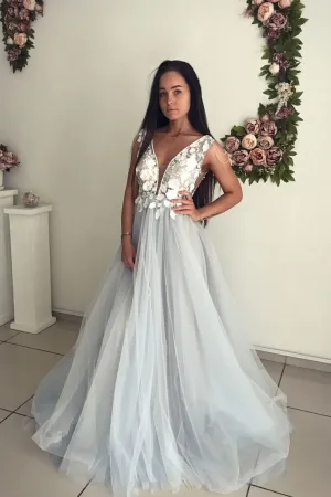 Gray v neck tulle lace long prom dress, gray evening dress