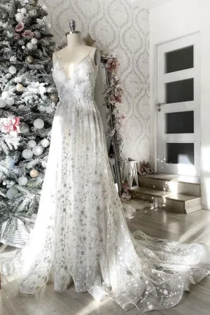 Gray v neck tulle long prom dress gray evening dress