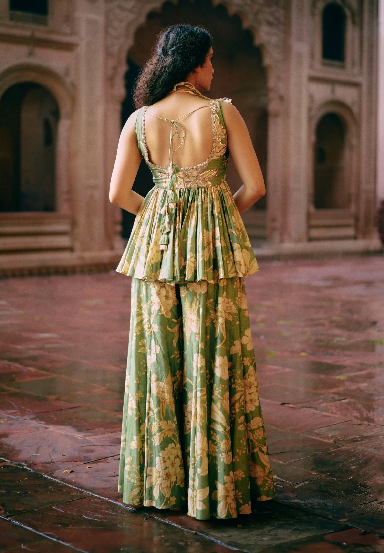 Green bird printed peplum and palazzo