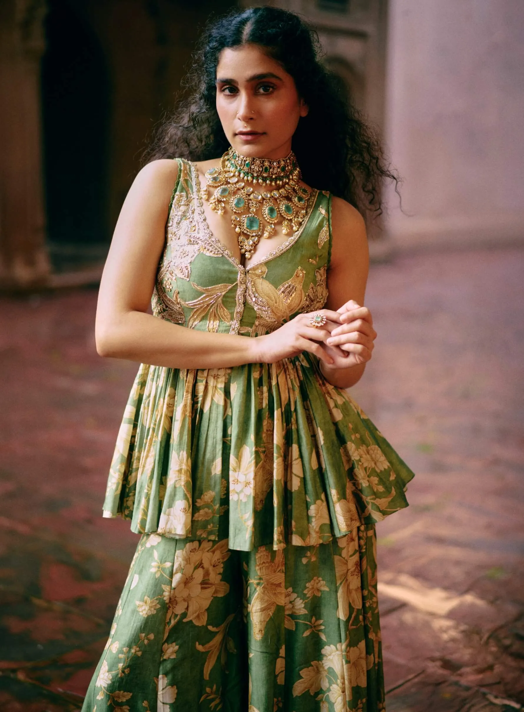 Green bird printed peplum and palazzo