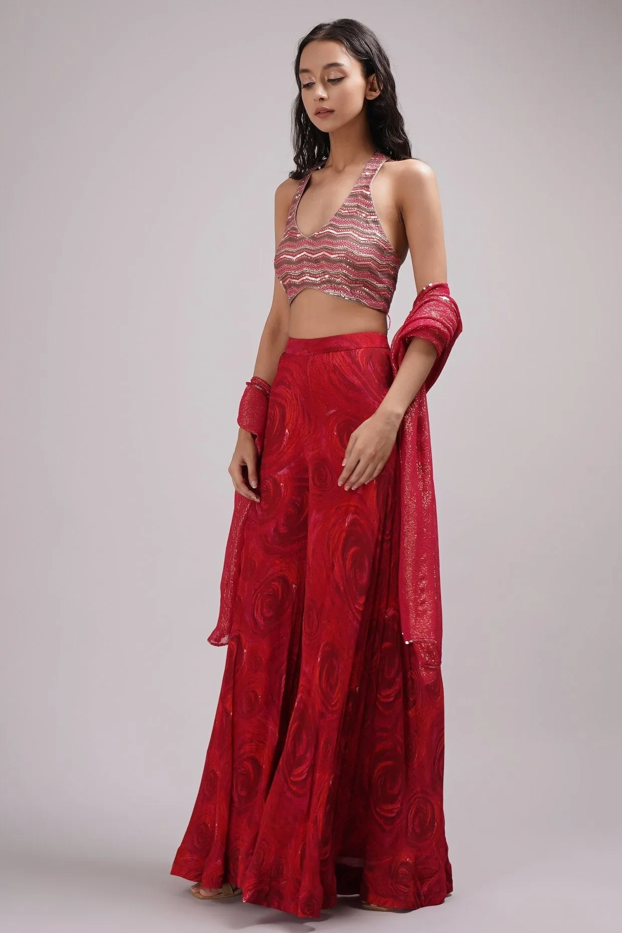 Halter Neck Blouse Wide Pant Sharara Set