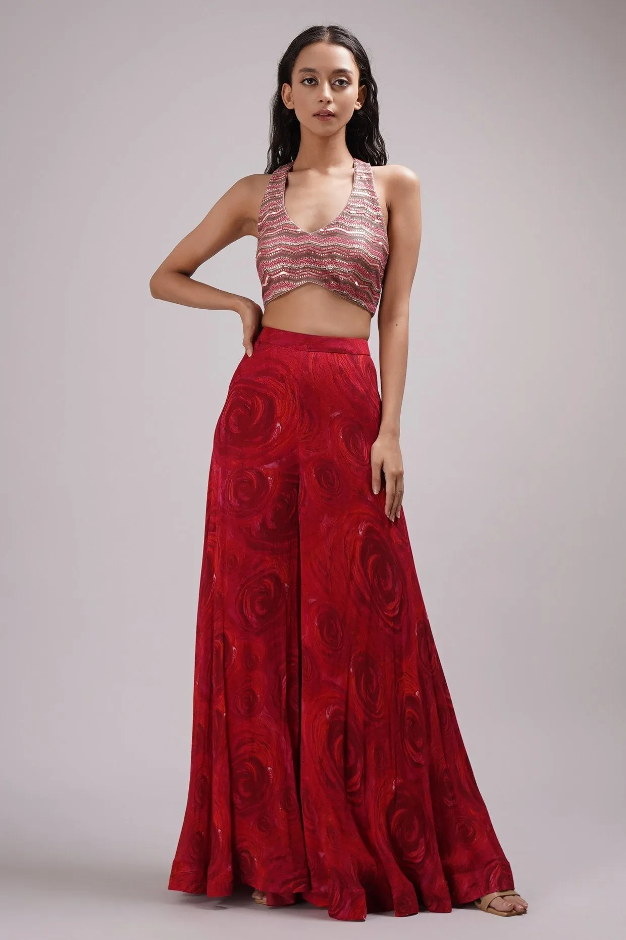 Halter Neck Blouse Wide Pant Sharara Set
