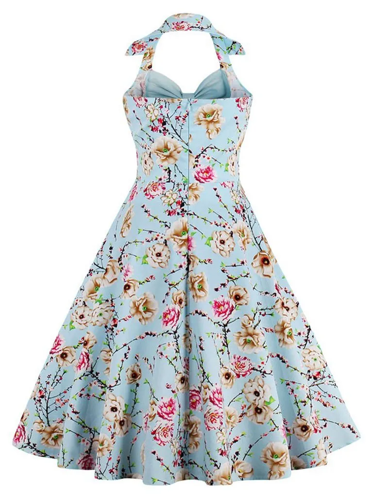 Halter Off Shoulder Floral Bow Retro Dress