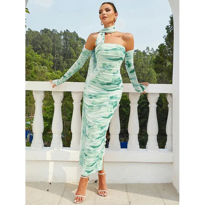 Halter Open Shoulder Printed Lace Fold Midi Dress
