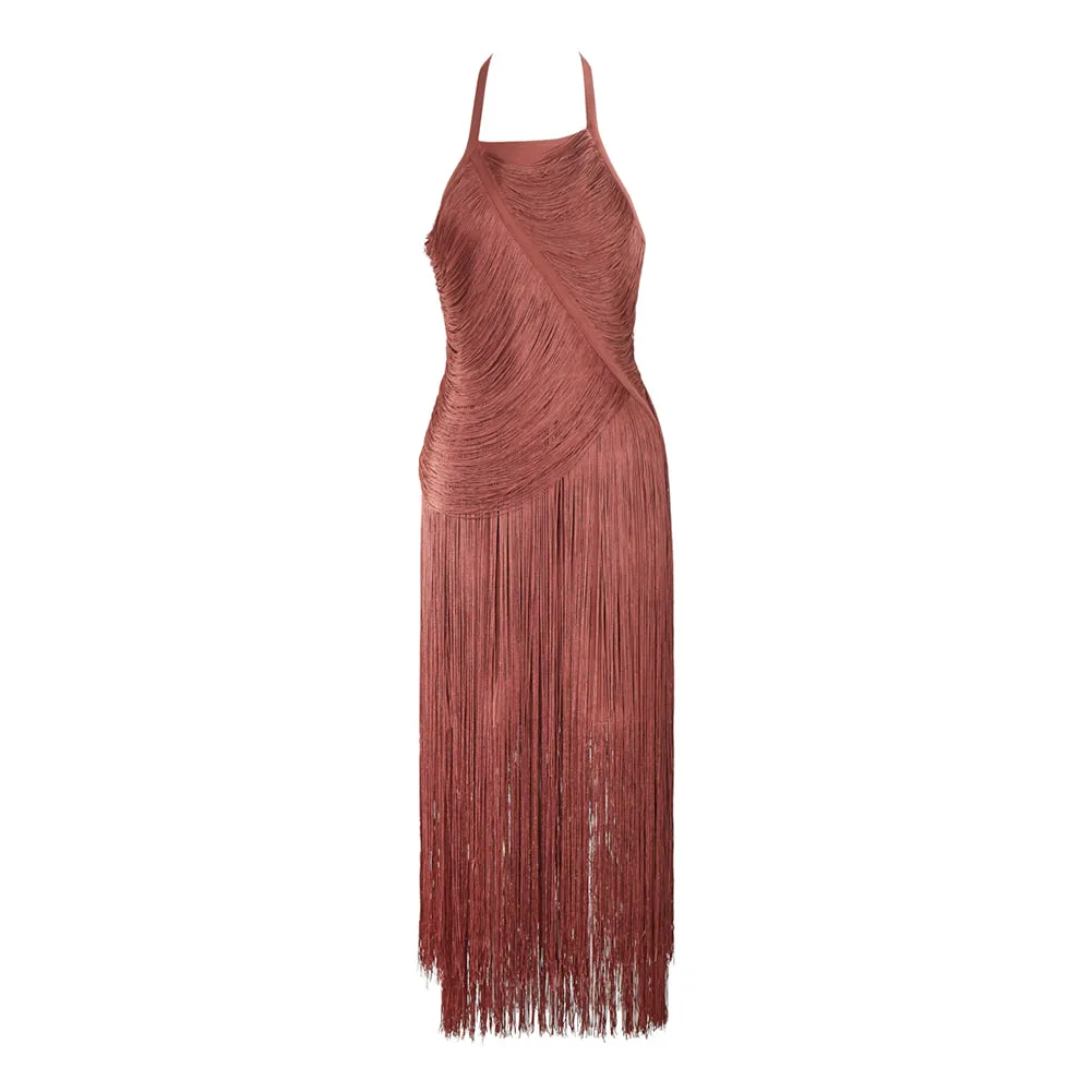 Halter Sleeveless Layered Tassels Midi Bandage Dress PZZF020