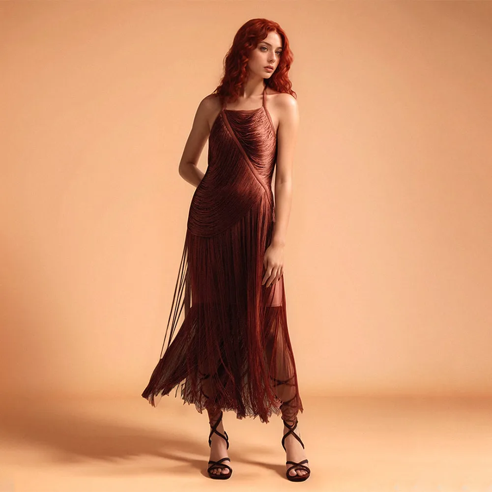 Halter Sleeveless Layered Tassels Midi Bandage Dress PZZF020