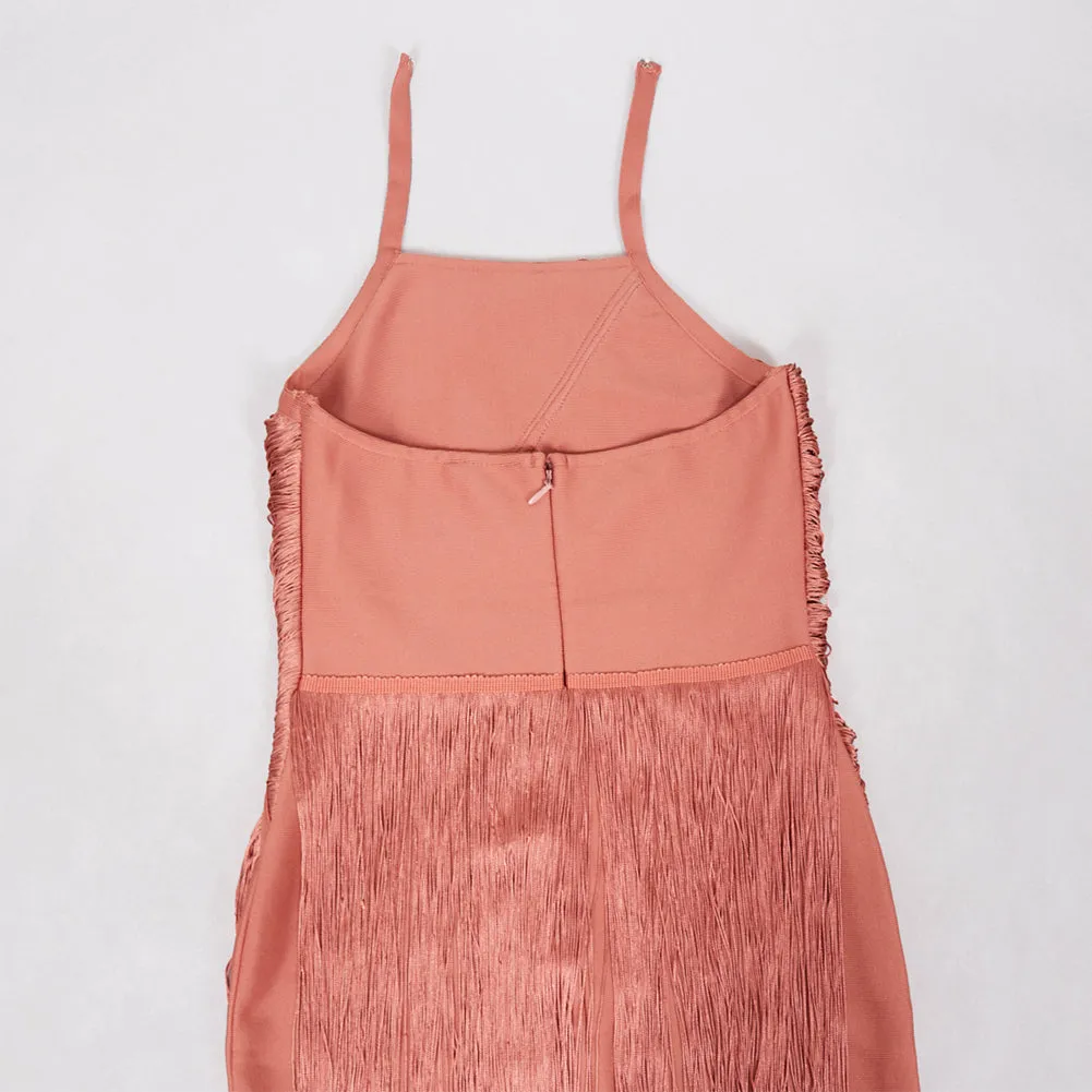 Halter Sleeveless Layered Tassels Midi Bandage Dress PZZF020