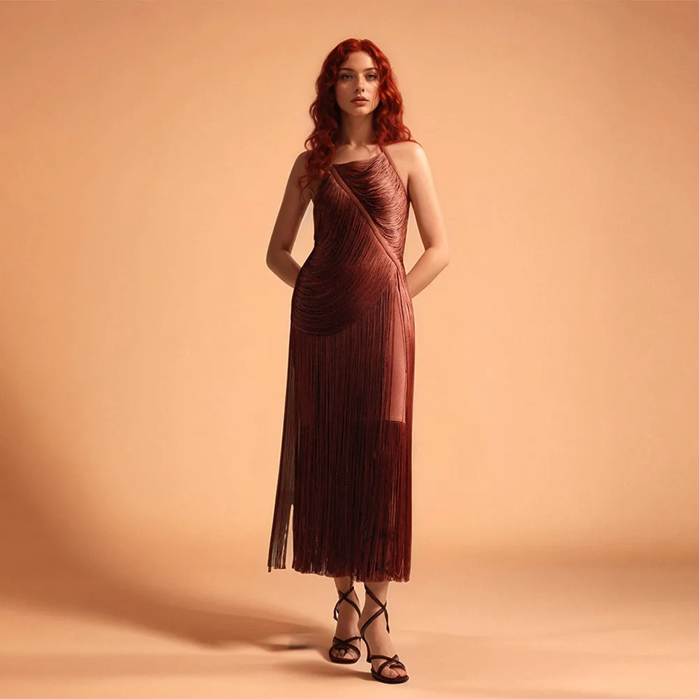 Halter Sleeveless Layered Tassels Midi Bandage Dress PZZF020
