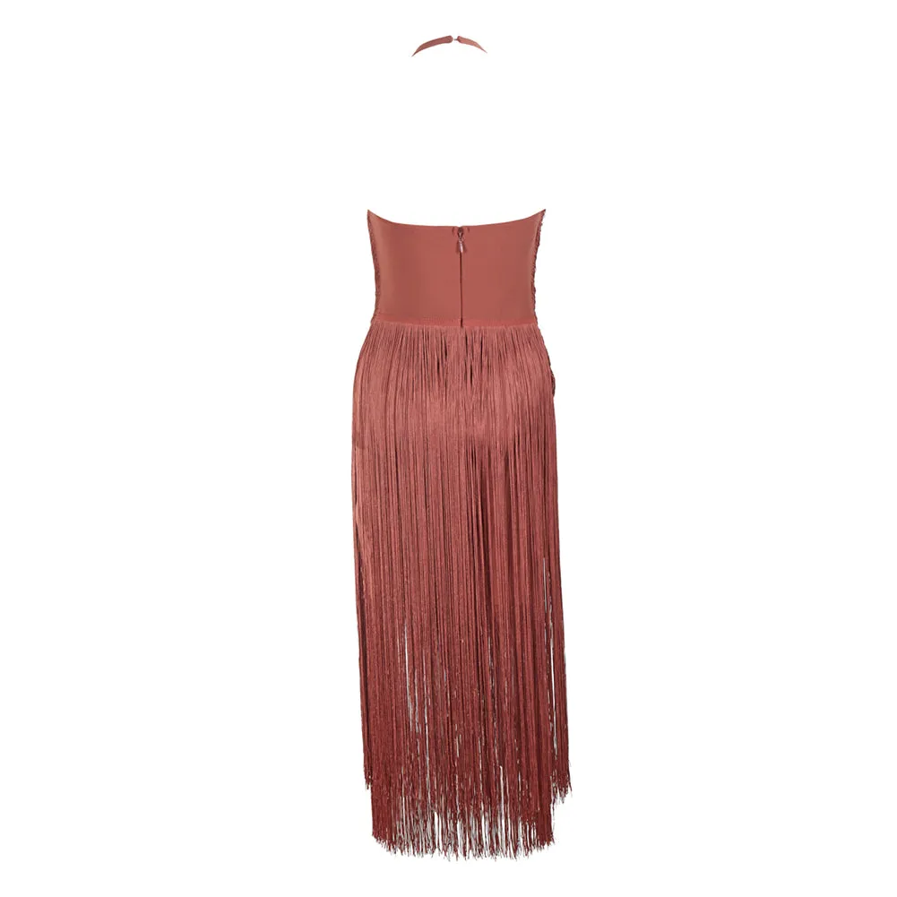 Halter Sleeveless Layered Tassels Midi Bandage Dress PZZF020